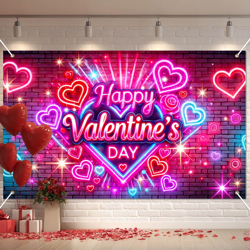 BlissYard Valentineâ€™s Day Neon Banner Happy Valentine Backdrop Love Heart Light Effect Background for Valentine Party Decoration Romantic Photo Booth Anniversary Proposal Decor - Image 1