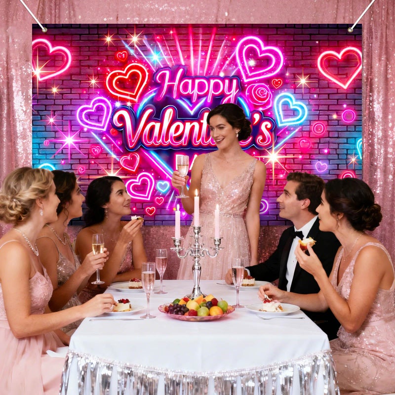 BlissYard Valentineâ€™s Day Neon Banner Happy Valentine Backdrop Love Heart Light Effect Background for Valentine Party Decoration Romantic Photo Booth Anniversary Proposal Decor - Image 5