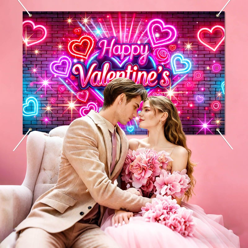 BlissYard Valentineâ€™s Day Neon Banner Happy Valentine Backdrop Love Heart Light Effect Background for Valentine Party Decoration Romantic Photo Booth Anniversary Proposal Decor - Image 4