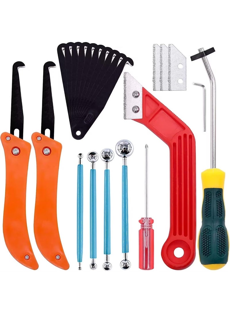 مجموعة أدوات إزالة الجص من 22 قطعة، منشار جص البلاط، سكين خطاف، مفك براغي لإزالة الجص، أداة بلاط ذات طرف كروي مزدوج، أداة تنظيف للمطبخ وغرفة المعيشة والحمام (اللون: أحمر) - Image 1