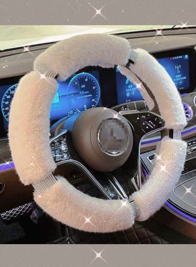 Fluffy Steering Wheel Cover with Bling Bling Rhinestone, Steering Wheel Cover for Women Ladies Girls, Universal Fit For Most Cars 14.5 Inches(37cm) Beige - Image 1