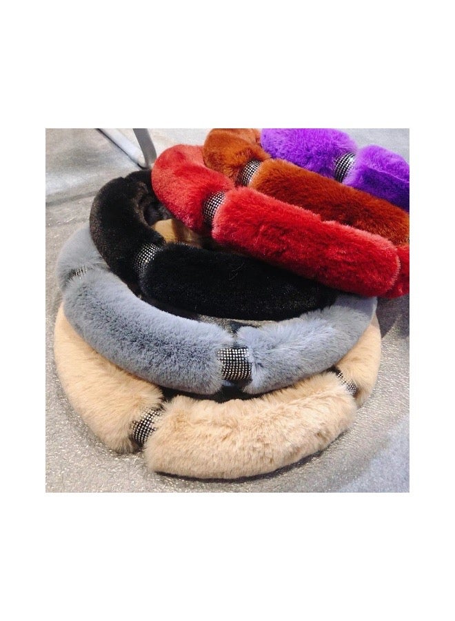 Fluffy Steering Wheel Cover with Bling Bling Rhinestone, Steering Wheel Cover for Women Ladies Girls, Universal Fit For Most Cars 14.5 Inches(37cm) Beige - Image 3