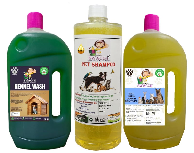 swacch Kennel Wash (Jasmine) + Pet Shampoo (Lemon) I Pet Aqua Odour Remover (Lemon) 1 Litre Combo Pack of 3 Economical Pack I Dog and Cat Friendly - Image 1