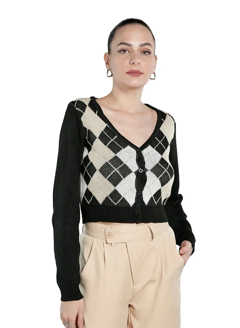 London Rag Women's White And Black Full Sleeve Argyle Checks Cardigan