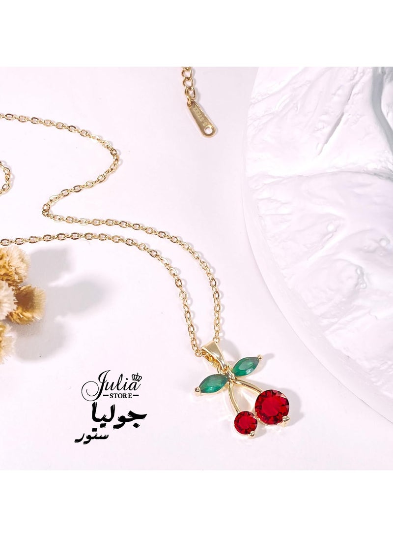 جوليا ستور قلادة كرز من الكريستال الأحمر مطلية بالذهب عيار 18 قيراطًا للنساء، مجوهرات فاكهة الكرز الحلوة، هدايا رائعة لعشاق الكرز، هدية مجوهرات عصرية بسحر الكرز - Image 1