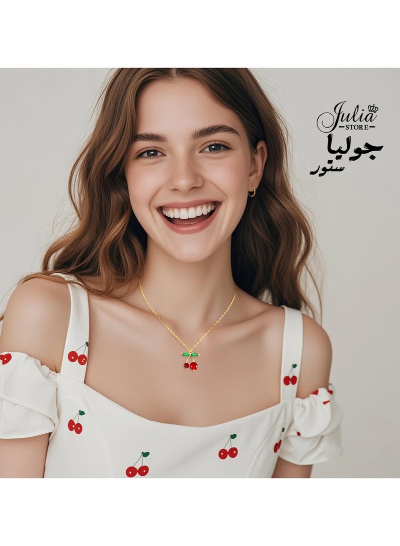 جوليا ستور قلادة كرز من الكريستال الأحمر مطلية بالذهب عيار 18 قيراطًا للنساء، مجوهرات فاكهة الكرز الحلوة، هدايا رائعة لعشاق الكرز، هدية مجوهرات عصرية بسحر الكرز - Image 2