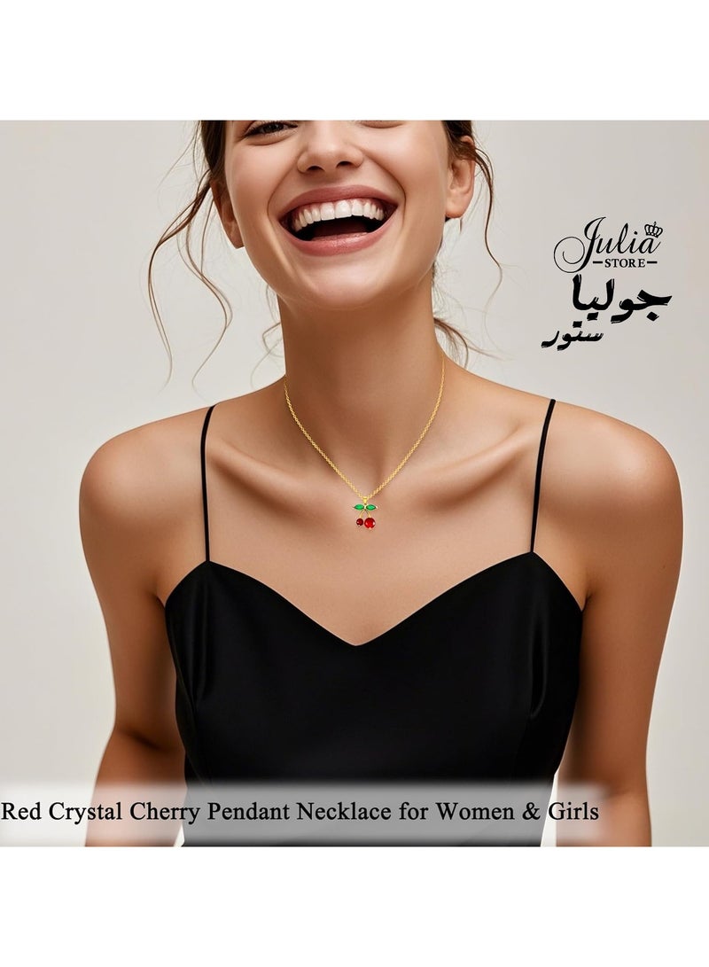 جوليا ستور قلادة كرز من الكريستال الأحمر مطلية بالذهب عيار 18 قيراطًا للنساء، مجوهرات فاكهة الكرز الحلوة، هدايا رائعة لعشاق الكرز، هدية مجوهرات عصرية بسحر الكرز - Image 3