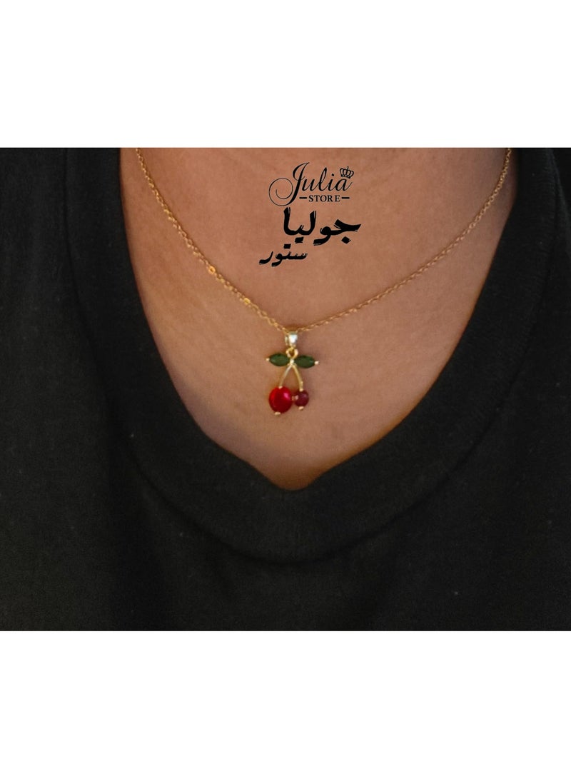 جوليا ستور قلادة كرز من الكريستال الأحمر مطلية بالذهب عيار 18 قيراطًا للنساء، مجوهرات فاكهة الكرز الحلوة، هدايا رائعة لعشاق الكرز، هدية مجوهرات عصرية بسحر الكرز - Image 4
