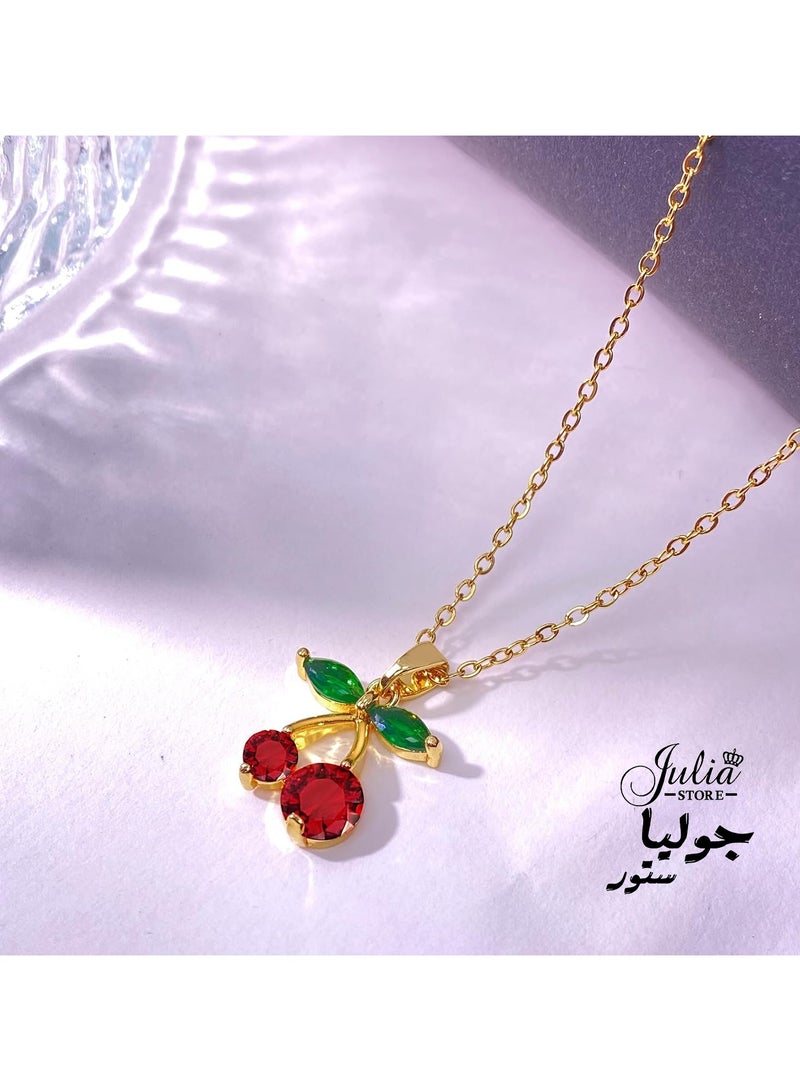 جوليا ستور قلادة كرز من الكريستال الأحمر مطلية بالذهب عيار 18 قيراطًا للنساء، مجوهرات فاكهة الكرز الحلوة، هدايا رائعة لعشاق الكرز، هدية مجوهرات عصرية بسحر الكرز - Image 5