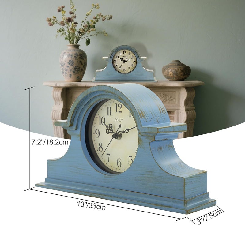 OCEST Vintage Farmhouse Mantel Clock - 13 x 7 Inch Quartz Gilt Finish Battery Operated, Contemporary Napoleon Classic Desk & Shelf Décor for Living Room Office Tabletop Bedside (Azure Blue) - Image 5