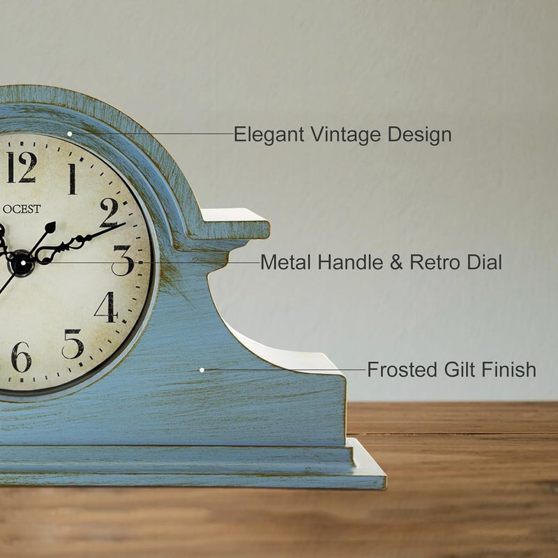 OCEST Vintage Farmhouse Mantel Clock - 13 x 7 Inch Quartz Gilt Finish Battery Operated, Contemporary Napoleon Classic Desk & Shelf Décor for Living Room Office Tabletop Bedside (Azure Blue) - Image 4