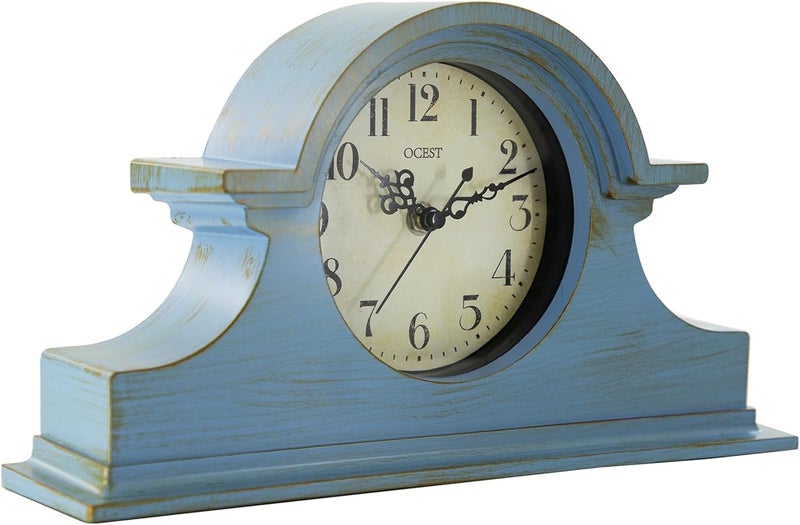OCEST Vintage Farmhouse Mantel Clock - 13 x 7 Inch Quartz Gilt Finish Battery Operated, Contemporary Napoleon Classic Desk & Shelf Décor for Living Room Office Tabletop Bedside (Azure Blue) - Image 2