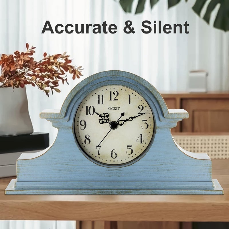 OCEST Vintage Farmhouse Mantel Clock - 13 x 7 Inch Quartz Gilt Finish Battery Operated, Contemporary Napoleon Classic Desk & Shelf Décor for Living Room Office Tabletop Bedside (Azure Blue) - Image 3