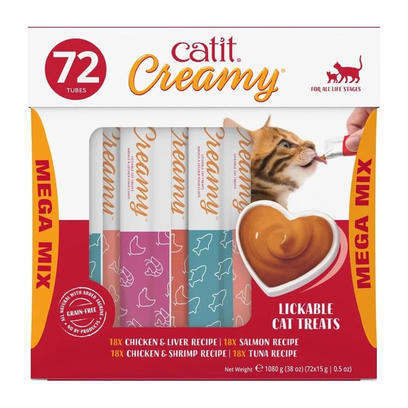 Catit علاج القطط كاتيت كريمي القابل للّعق - مجموعة صحية من النكهات، 72 عبوة، يُقدّم باليد أو يُقدّم، أنبوب ضغط غني بالمغذيات، 0.5 أونصة لكل واحدة - Image 1