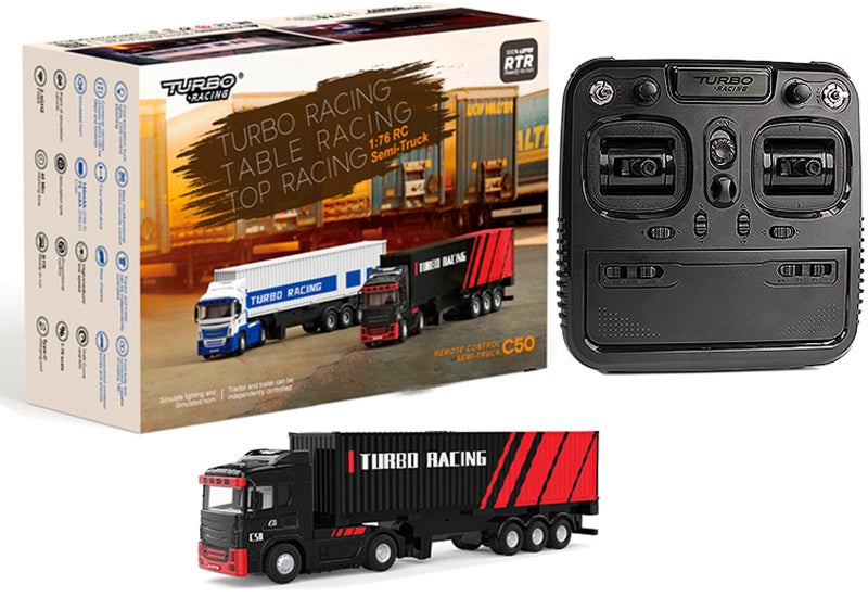 FLYCOLOR Turbo Racing 1:76 C50 RTR Tractor Remote Control Truck Four-Wheel Drive Simulated Headlights 10CH Minicar Model(Black-Red) - Image 1