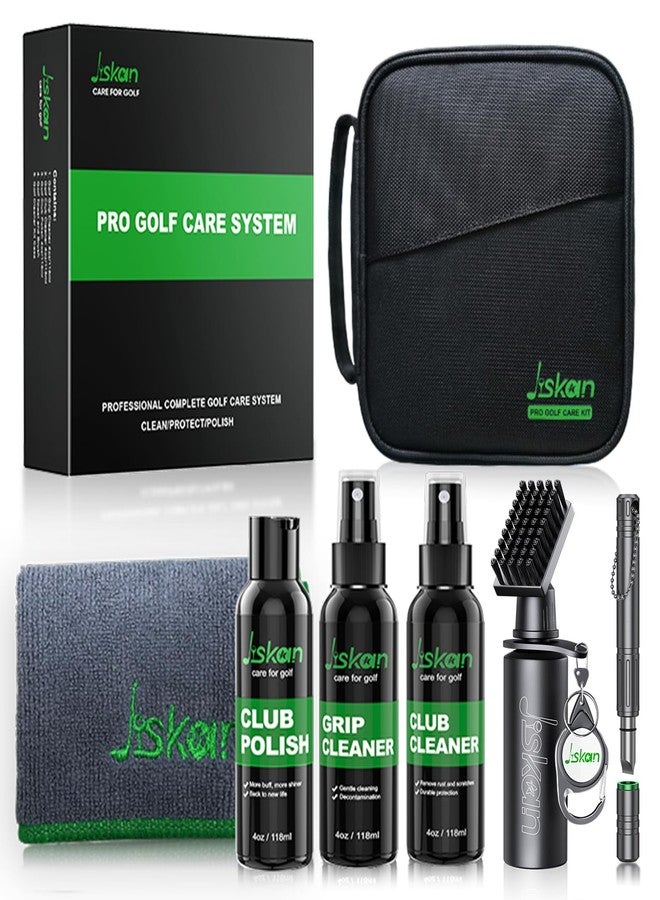 Jiskan Pro Golf Cleaning Kit with Golf Club Cleaner Brush, Grip Cleaner, Club Polish, Towel, Club Groove Sharpener Tool and Portable Case, Essentials Golf Accessories for Men Golf Gifts for Golfers - Image 1