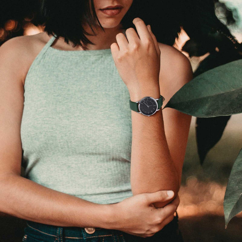 WOCCI 14mm Lug Width, Elegant Watch Band, Genuine Leather Replacement Strap with Rose Gold Buckle (Dark Green) - Image 5