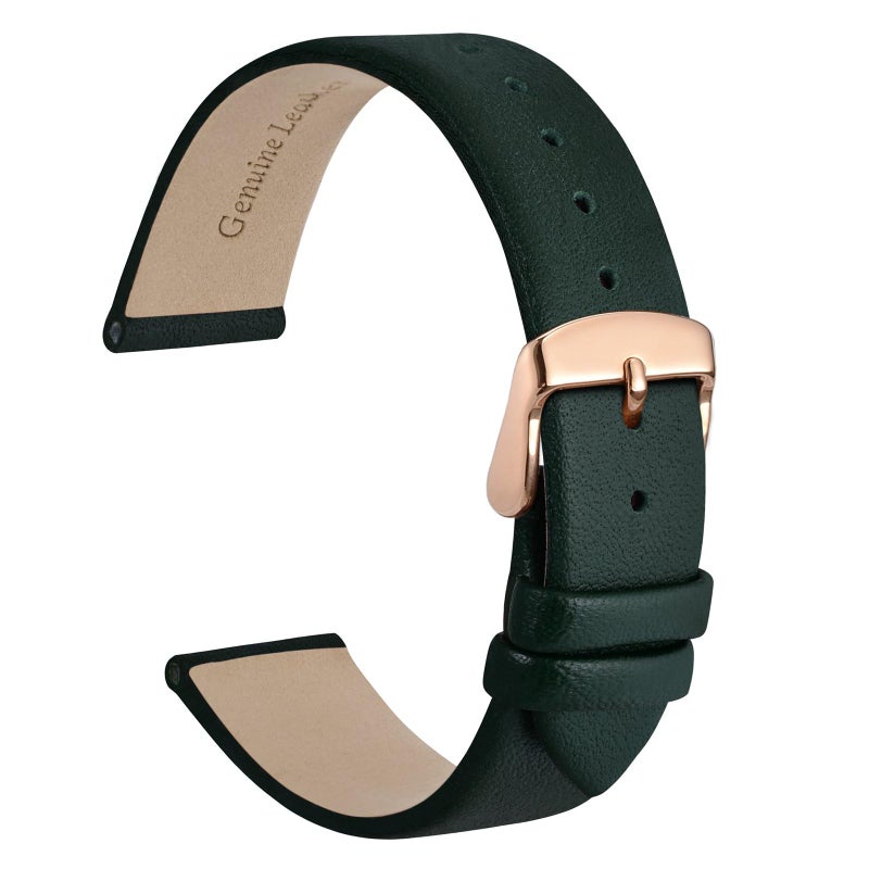 WOCCI 14mm Lug Width, Elegant Watch Band, Genuine Leather Replacement Strap with Rose Gold Buckle (Dark Green) - Image 1