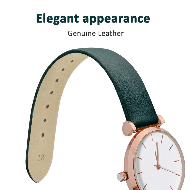 WOCCI 14mm Lug Width, Elegant Watch Band, Genuine Leather Replacement Strap with Rose Gold Buckle (Dark Green) - Image 3