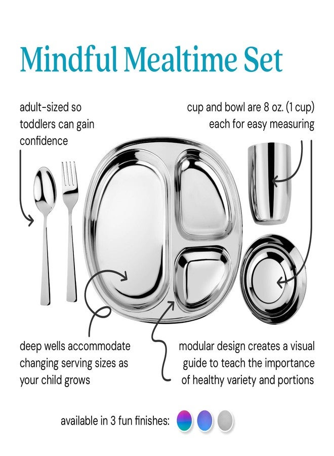 Ahimsa Stainless Steel Kids Dinnerware Set, Pediatrician Designed, 5 Piece Toddler Plates and Bowls Set, Stainless Steel Divided Plate, Cup and Kids Utensils - Image 2
