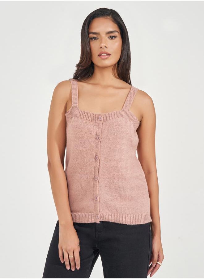 Styli Flat Knit Cami Top with Front Button Detail  - Image 1