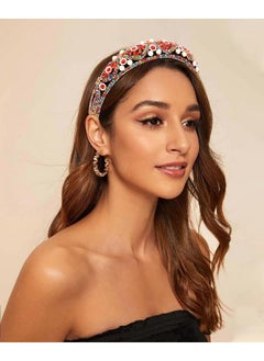 Wecoe Red Rhinestone Headband With Pearls Women Fancy Sparkly Bling Diamond Headband Vintage Bulky Puffy Luxury Beaded Padded Headband Renaissance Costume Hair Accessories For Women Girls Gifts  - Image 3