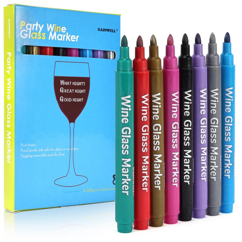GAINWELL Metallic Wine Glass Markers – Pack of 8 Food-Safe Non-Toxic Wine Glass Marker Pens - Can also be Used on Ceramic Plates and other Glass and Dinnerware - Image 1