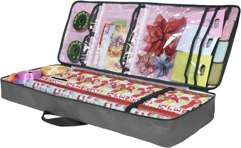 Primode Christmas Wrapping Paper Storage Bag with Pockets  Gift Wrap Organizer Container  37 x 14 x 4  Underbed Durable Box Made of 600D Oxford Material Gray