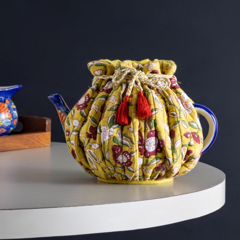 EYAAS LIVE LIFE Eyaas Hand Block Printed Cotton Drawstring Tea Cozy Tea Pot Cover Kettle Warmer Kitchen Accessories Table Setting Gifts for Tea Lovers 9 x 12 inches Yellow  - Image 1
