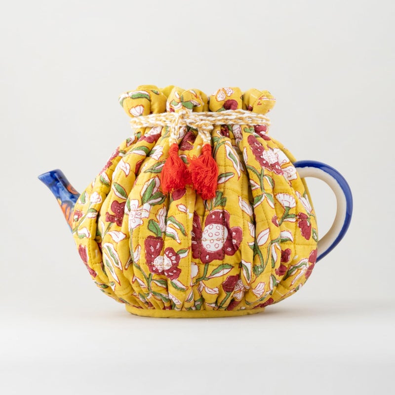 EYAAS LIVE LIFE Eyaas Hand Block Printed Cotton Drawstring Tea Cozy Tea Pot Cover Kettle Warmer Kitchen Accessories Table Setting Gifts for Tea Lovers 9 x 12 inches Yellow  - Image 2