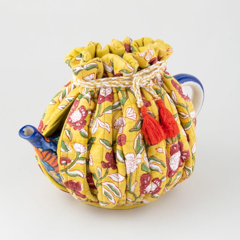 EYAAS LIVE LIFE Eyaas Hand Block Printed Cotton Drawstring Tea Cozy Tea Pot Cover Kettle Warmer Kitchen Accessories Table Setting Gifts for Tea Lovers 9 x 12 inches Yellow  - Image 3