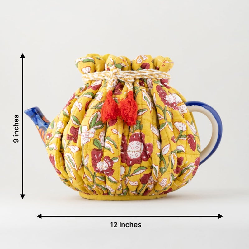 EYAAS LIVE LIFE Eyaas Hand Block Printed Cotton Drawstring Tea Cozy Tea Pot Cover Kettle Warmer Kitchen Accessories Table Setting Gifts for Tea Lovers 9 x 12 inches Yellow  - Image 5