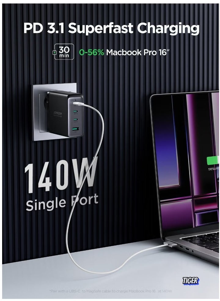 TIGER GaN Ultra JR-TCG05 140W Fast Charger UK – Powerful GaN Technology Charger with 4 Ports (2 USB-C, 2 USB-A), Fast Charging for Laptops, Smartphones, Tablets, and More - Image 2