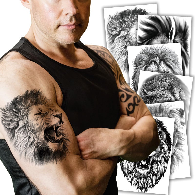 6 Sheets Realistic Lion Head Temporary Tattoos Fake Tattoo Stickers for Men Women and Teens Bold Lion Design for Cosplay Parties and Halloween