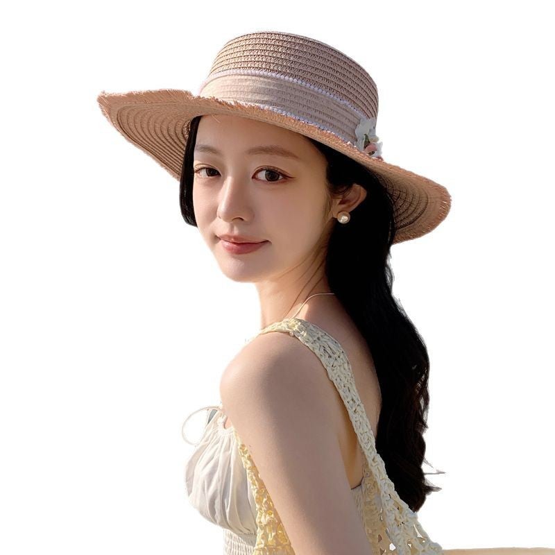 Women's Lace Bow Straw Sun Hat, Wide Brim, Flat Top - Image 5