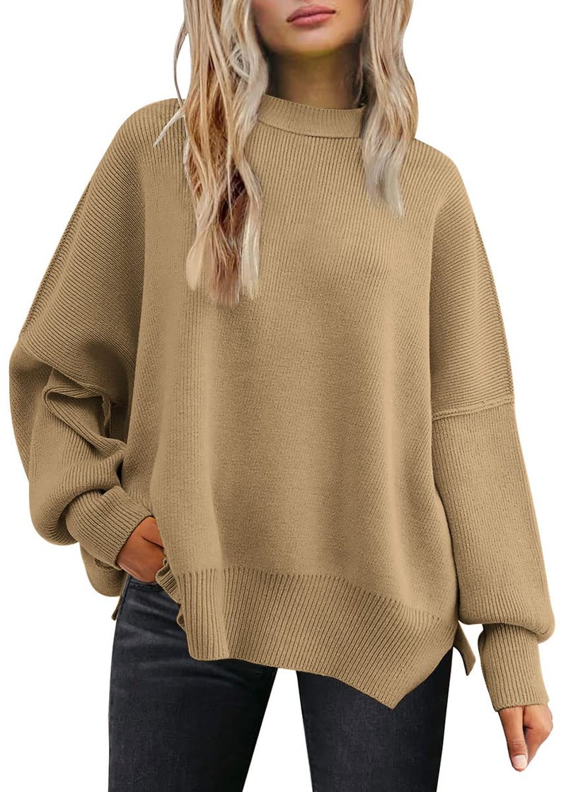LILLUSORY Oversized Sweaters for Women 2025 Fall Fashion Outfits Trendy Crewneck Knit Cute Lightweight Sweater Pullover Tops Long Sleeve Shirts Winter Clothes Khaki XL - Image 1