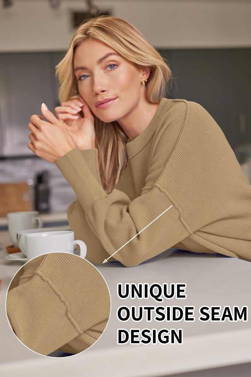LILLUSORY Oversized Sweaters for Women 2025 Fall Fashion Outfits Trendy Crewneck Knit Cute Lightweight Sweater Pullover Tops Long Sleeve Shirts Winter Clothes Khaki XL - Image 4