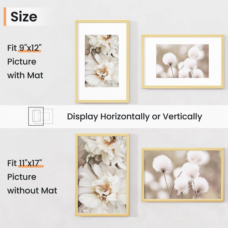 Venusmiles 11x17 inch Picture Frame, 11x17 Photo Frames with 8x12 Removable Mat - High Definition Plexiglass - Vertical and Horizontal Display - Wall Hanging Frame - Gold, 3 Pack - Image 3
