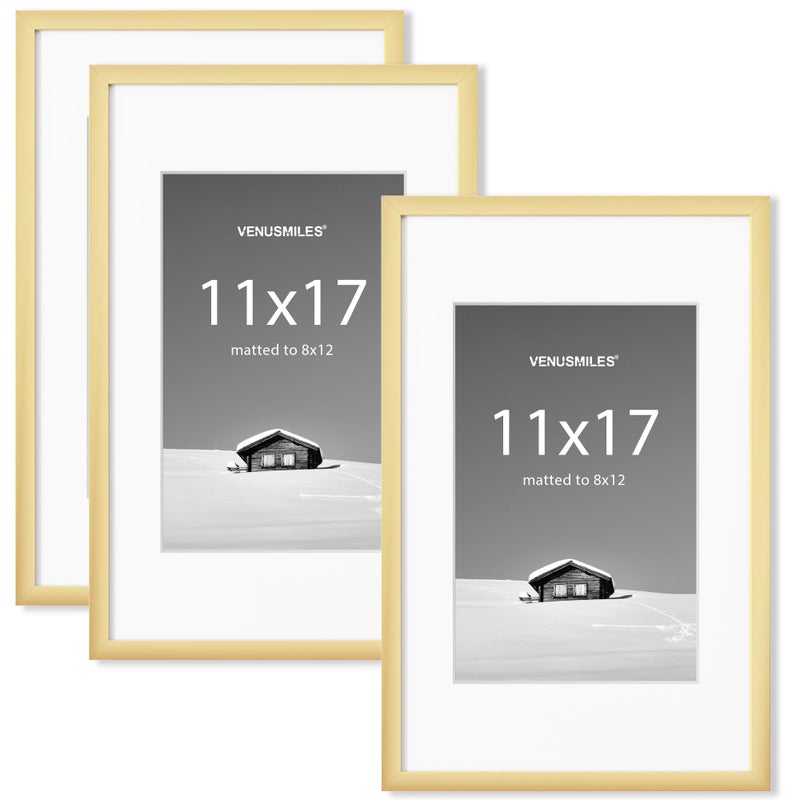 Venusmiles 11x17 inch Picture Frame, 11x17 Photo Frames with 8x12 Removable Mat - High Definition Plexiglass - Vertical and Horizontal Display - Wall Hanging Frame - Gold, 3 Pack - Image 1