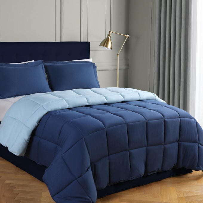 HIG 3 PIECES NAVY BLUE COVERLESS DUVET DOUBLE 200 X 200CM REVERSIBLE DUVET WITH BAFFLE BOX DESIGN 105 TOG DOWN ALTERNATIVE COMFORTER SET CORNER DUVET TABS MACHINE WASHABLE DURABLE
