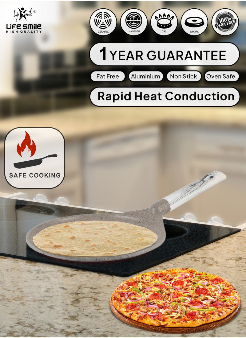 Life Smile 28cm   LIFE SMILE Crepe Pan, Non Stick Multi Layer Granite Coating, 100% PFOA FREE Tawa Pan, Induction Bottom Skillet Frying Pan for Pizza, Omelette, Tortillas  - Image 5