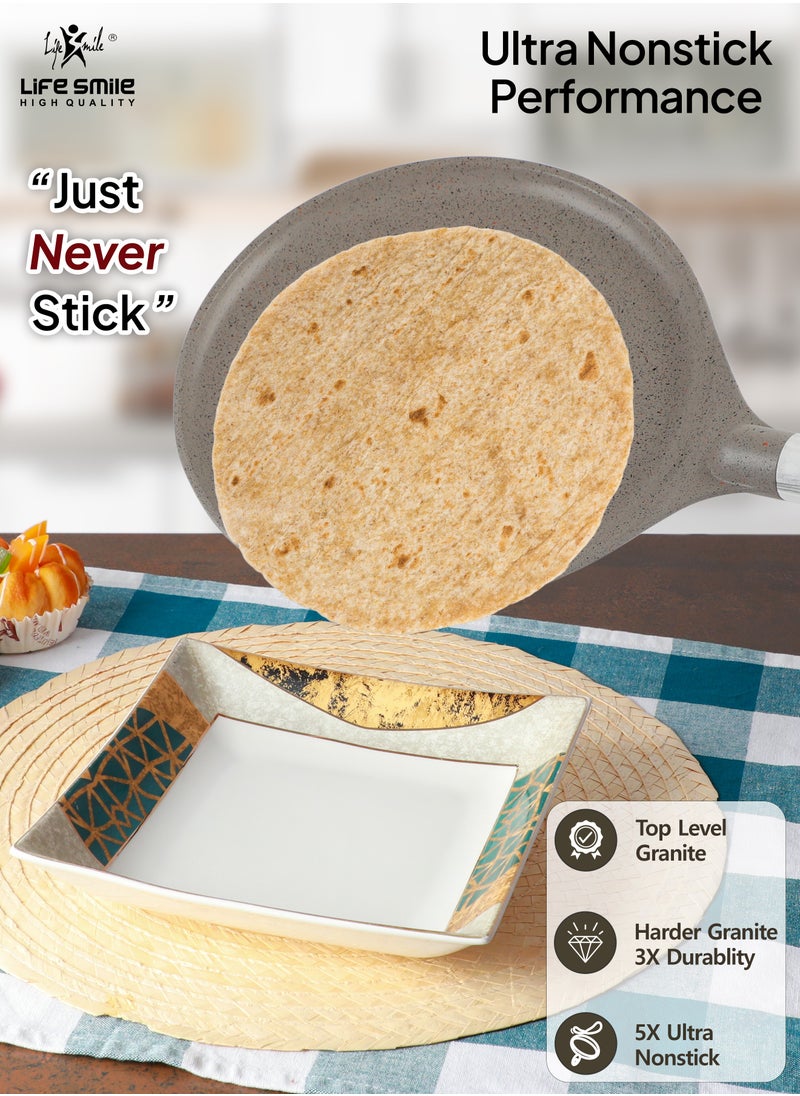 Life Smile 28cm   LIFE SMILE Crepe Pan, Non Stick Multi Layer Granite Coating, 100% PFOA FREE Tawa Pan, Induction Bottom Skillet Frying Pan for Pizza, Omelette, Tortillas  - Image 4