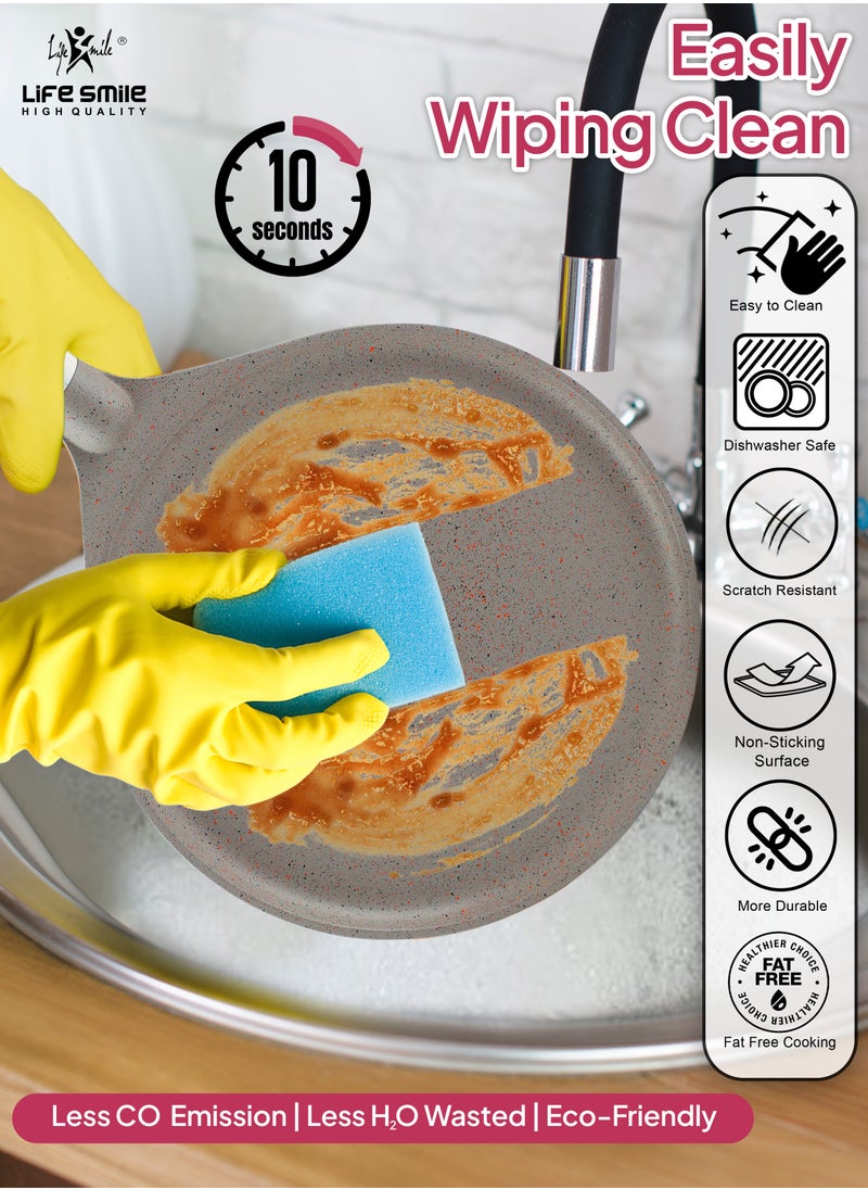 28cm   LIFE SMILE Crepe Pan, Non Stick Multi Layer Granite Coating, 100% PFOA FREE Tawa Pan, Induction Bottom Skillet Frying Pan for Pizza, Omelette, Tortillas
