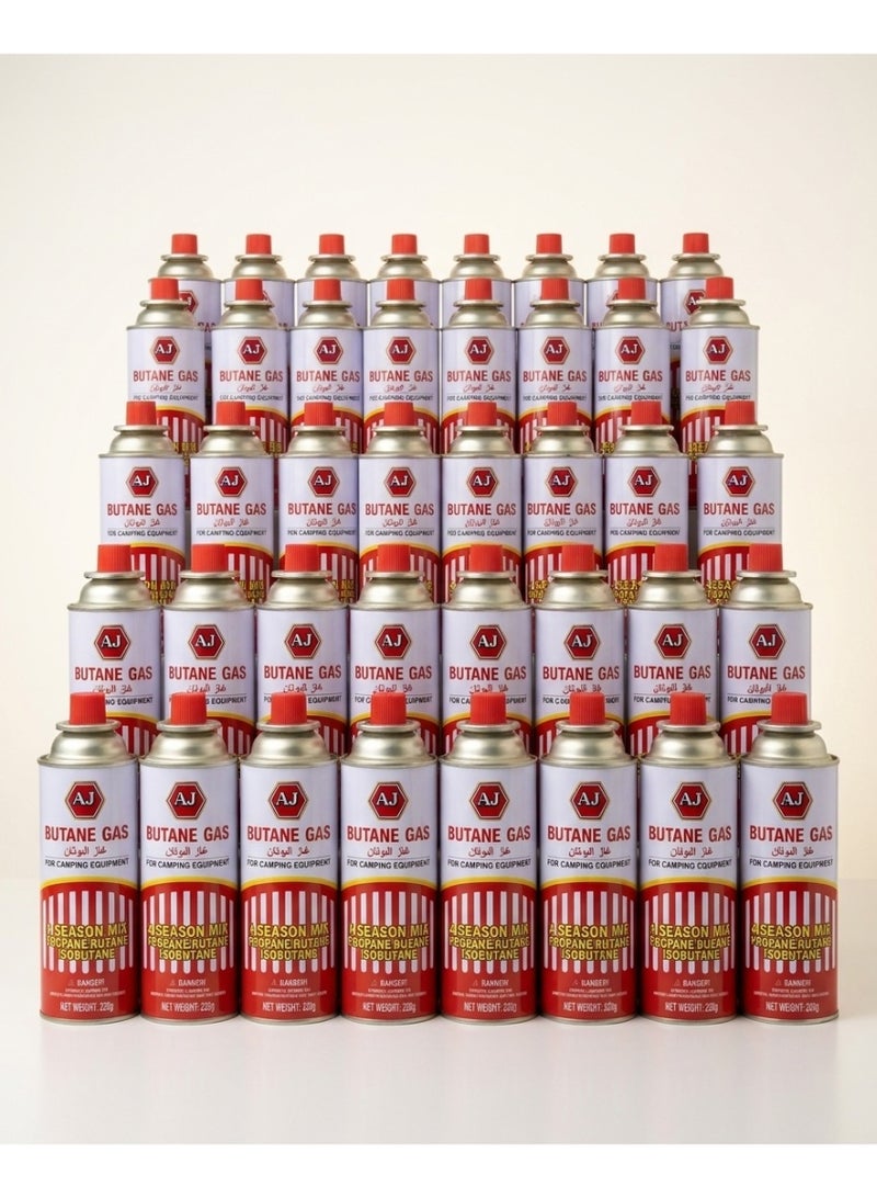 عبوة 28 خرطوشة غاز بوتان AJ Charcoal 220 جم – خليط بوتان-بروبان لمواقد التخييم والطبخ المحمولة – عبوات وقود عالمية بفلتر أمان للضغط ولهب ثابت، مناسب للاستخدام الخارجي والداخلي