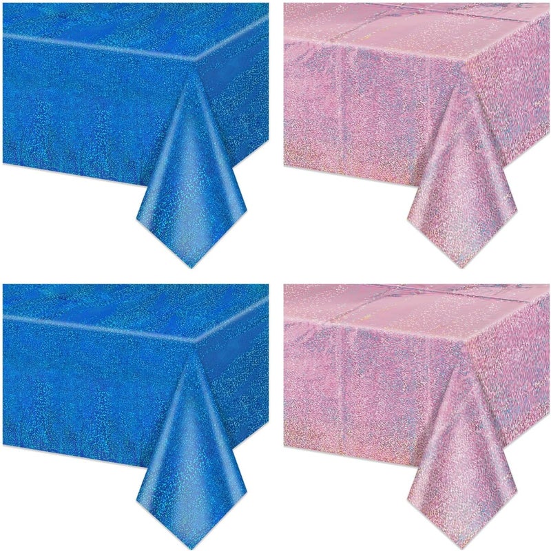 PTECDROTS 2Pcs Pink & 2Pcs Blue Holographic Tablecloths Rectangular Pink and Blue Iridescent Shimmer Metallic Table Covers for Baby Shower Gender Reveal Decorations Boy or Girl Birthday Supplies, 54 x 108inch - Image 1