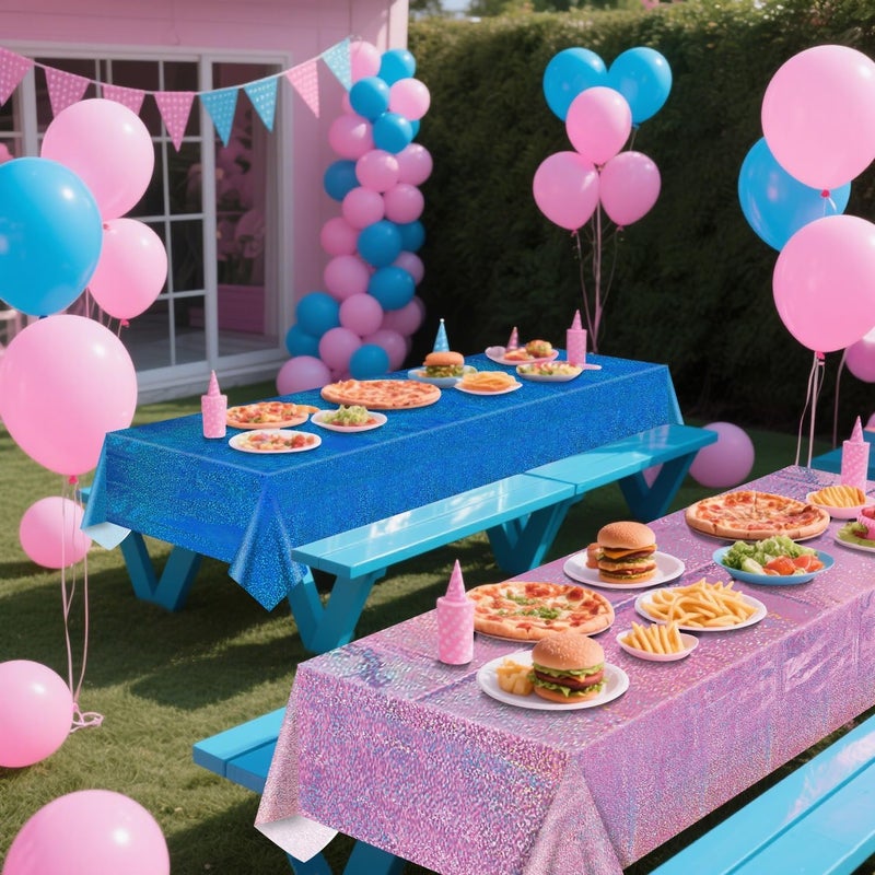 PTECDROTS 2Pcs Pink & 2Pcs Blue Holographic Tablecloths Rectangular Pink and Blue Iridescent Shimmer Metallic Table Covers for Baby Shower Gender Reveal Decorations Boy or Girl Birthday Supplies, 54 x 108inch - Image 4