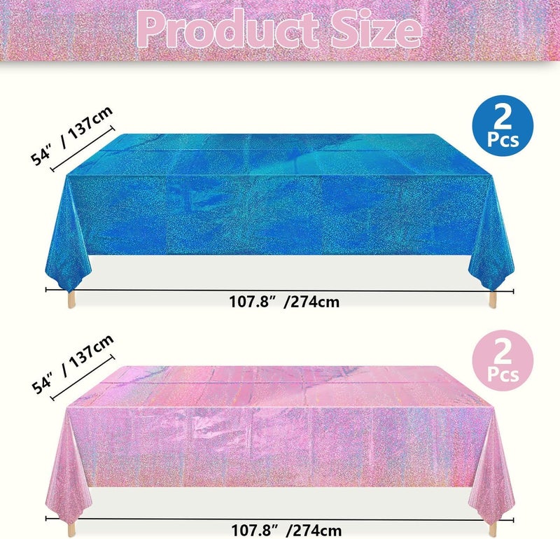 PTECDROTS 2Pcs Pink & 2Pcs Blue Holographic Tablecloths Rectangular Pink and Blue Iridescent Shimmer Metallic Table Covers for Baby Shower Gender Reveal Decorations Boy or Girl Birthday Supplies, 54 x 108inch - Image 2