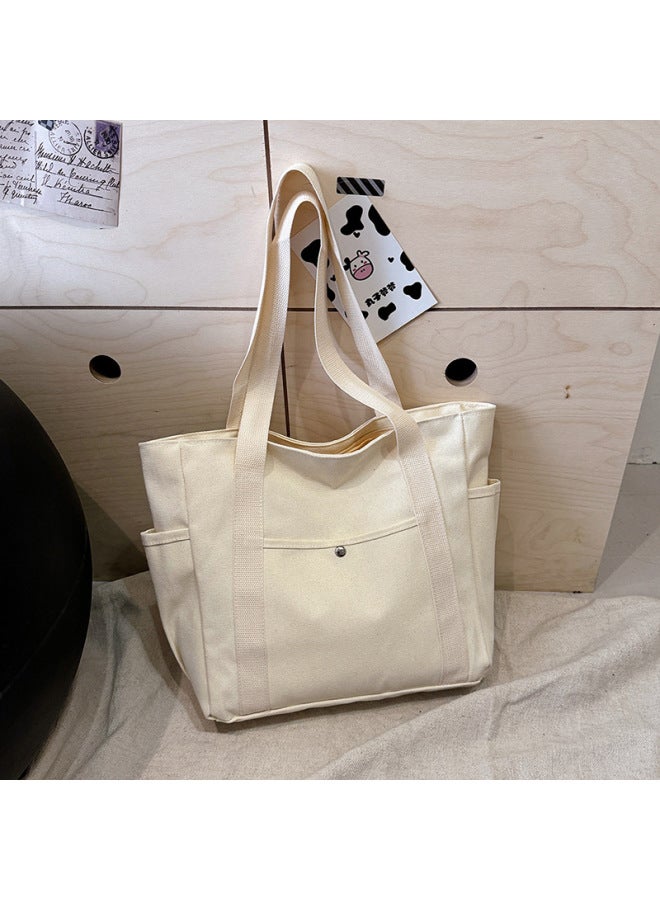 Canvas Bag Women's Handbag Single Shoulder Bag College Students All-match Handbag Commuter Large Capacity Mend-up Bag Multi-pocket-Color:White  - Image 1