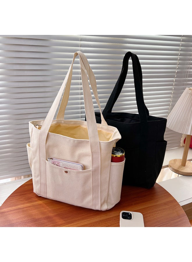 Canvas Bag Women's Handbag Single Shoulder Bag College Students All-match Handbag Commuter Large Capacity Mend-up Bag Multi-pocket-Color:White  - Image 2