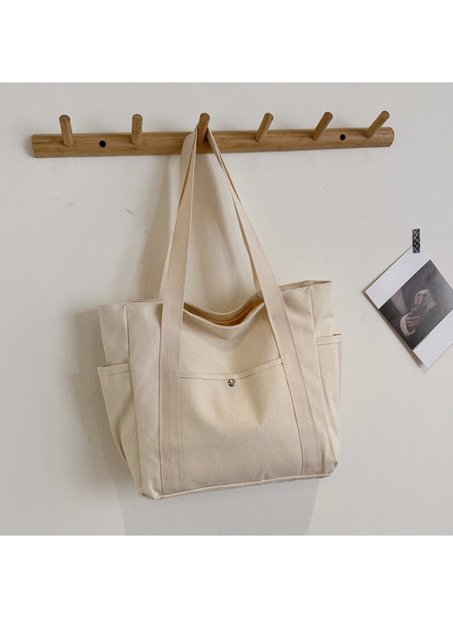 Canvas Bag Women's Handbag Single Shoulder Bag College Students All-match Handbag Commuter Large Capacity Mend-up Bag Multi-pocket-Color:White  - Image 3